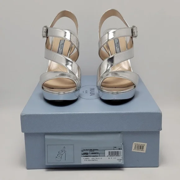 Prada Metallic Silver Platform Slingeback Strappy Straps Heel Sandals Size 39.5 - Picture 7 of 16